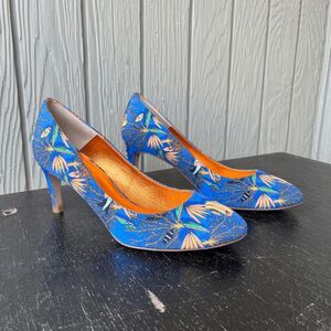 Mellow Yellow Blue Aquarium Print Heels Sz 7.5/8, Rare
